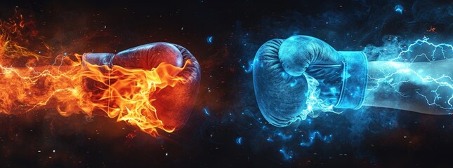 Fiery Red and Icy Blue Boxing Gloves Clash in Combat. - obrazy, fototapety, plakaty