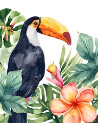 watercolor clip art, palm leaves, fruits, and toucans