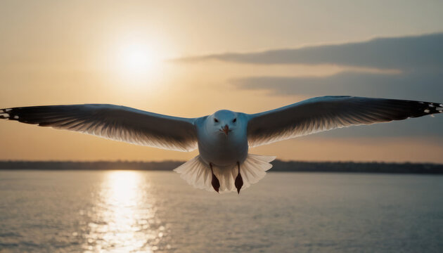 A seagull flies against the background of the sunset sky close-up