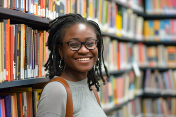 Content student with braided hair and glasses, standing before a library bookshelf full of books.