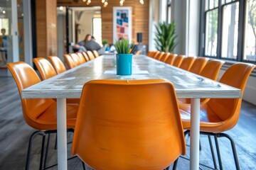 Modern conference room with long table and orange chairs