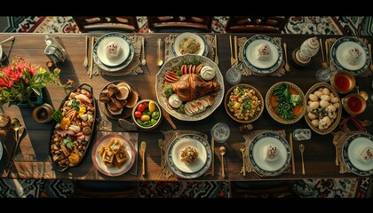 Eid ul Fitr, with a beautifully set dining table featuring a variety of delicious dishes, creating a festive and inviting scene for the joyous occasion - obrazy, fototapety, plakaty