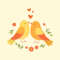 Two birds in love sitting together. Romantic birds couple with flowers, twigs and hearts. Vector flat illustration for valentines day poster, banner, greeting card