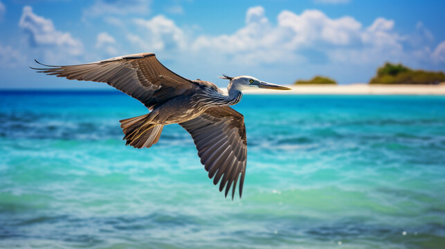Cuban Pelican flying over the water on the Sea, Brown Pelican in flight Adorable wild pelican flying through the warm Caribbean air