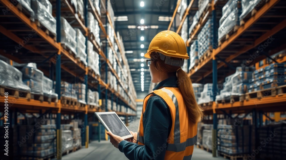 Poster Distribution warehouse worker using digital tablet checking inventory storage on shelf, manage inventory control and delivery transportation through intelligent warehouse. Generative AI.