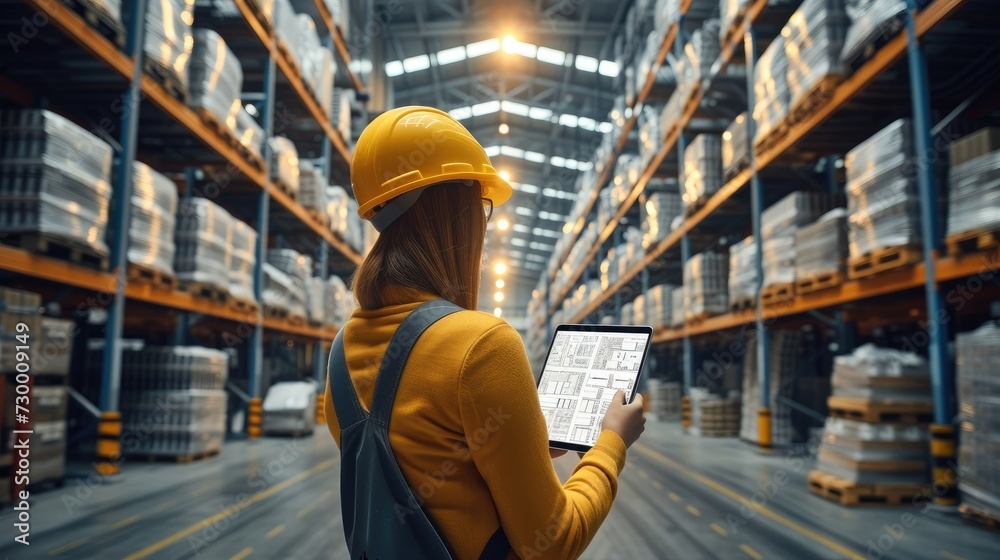 Poster distribution warehouse worker using digital tablet checking inventory storage on shelf, manage inven
