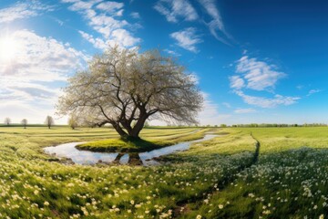 Fototapeta premium Nice sunny spring landscape with a tree.