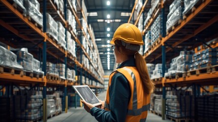 Distribution warehouse worker using digital tablet checking inventory storage on shelf, manage inventory control and delivery transportation through intelligent warehouse. Generative AI.