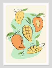 Fruit flat minimal illustration composition. Poster with mango in flat minimal design. Fruit simple Vector illustration.