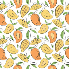 Seamless pattern with mango in flat style. Fruit flat minimal Vector illustration.