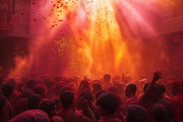 Holi Festival. A vibrant crowd celebrates Holi, the Indian festival of colors, under a burst of pink and orange hues near traditional architecture.