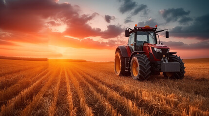 Naklejka premium A tractor driving on the field at sunset. Generative AI.