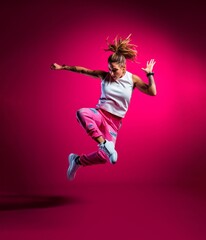 Performance Airborne, RED concept of powerful leap captured in silhouette, symbolizing the freedom and creativity of hip-hop dance.Generative AI.