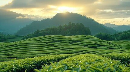 A complete tea mountain, beautiful, sunshine. Generative AI.