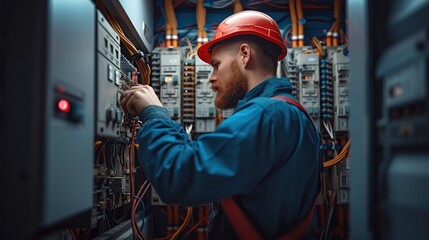 Fototapeta na wymiar Electrical service repair specialist is repairing a faulty circuit breaker in a home. Generative AI.