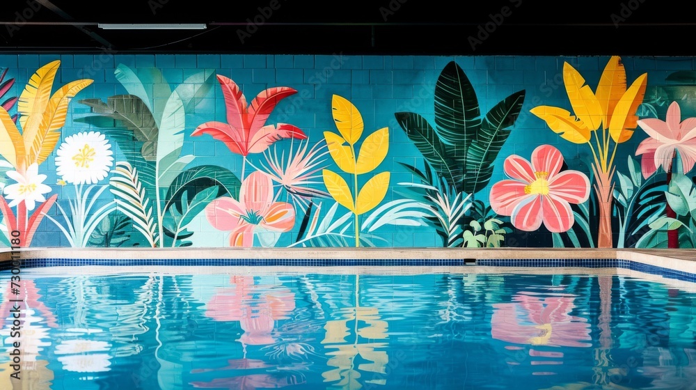 Wall mural A pool with a colorful mural of flowers and leaves, AI