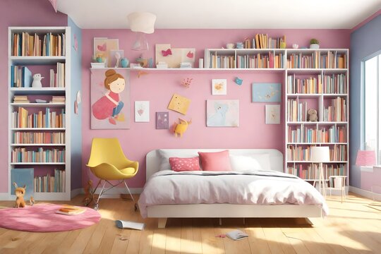 Picture of a girl, book covers, and design on the wall are my own images. 3D rendering of a children room