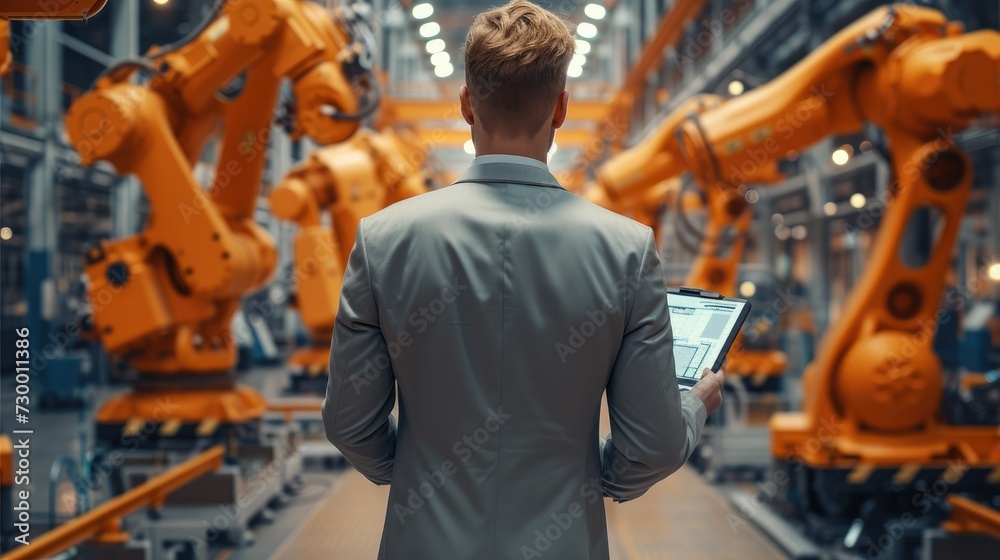 Aufkleber Welding robotics, Professional Engineer checking and controlling automation robot arms machine on real time monitoring system software in intelligent factory. Generative AI.