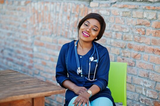 African American Doctor Female With Stethoscope Posed Outdoor