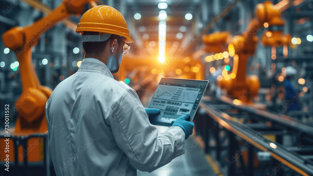 Poster Welding robotics, Professional Engineer checking and controlling automation robot arms machine on real time monitoring system software in intelligent factory. Generative AI.