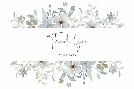 Thank You Card With Soft Green Floral Border Watercolor