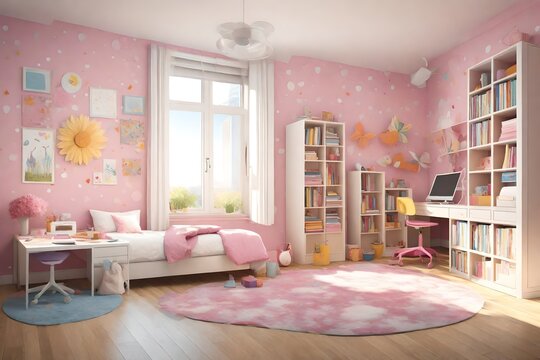 Picture of a girl, book covers, and design on the wall are my own images. 3D rendering of a children room