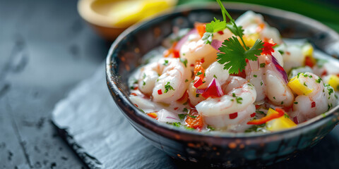 Fresh Shrimp Ceviche with Citrus and Herbs. Citrusy shrimp ceviche with fresh herbs and onions, served in a rustic bowl, copy space. - obrazy, fototapety, plakaty