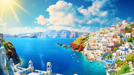 Sunny morning view of Santorini island.