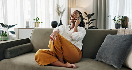 Funny, phone call and black woman in home, talking or communication on sofa. Smartphone,...