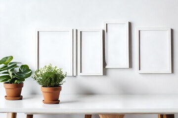 Three photo frames on white wall. Potted plants on white table.