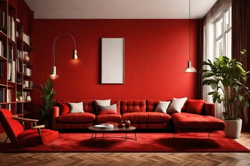 Modern stylish living room interior with red wall