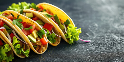 Fresh Tacos with Meat and Vegetables. Colorful tacos with crisp lettuce, ground meat, diced vegetables, and parsley on background with copy space.
