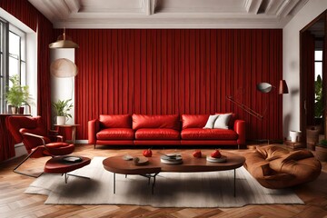 Modern living room with red sofa