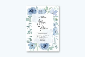 Wedding Invitation Card With Blue Floral Watercolor