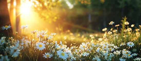 White flowers are blooming beautifully, with glimpses of yellow petals amidst the stunning scenery, abundant greenery, and a radiant sun overhead. - obrazy, fototapety, plakaty