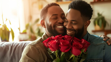 Happy African American gay couple hugging with bouquet flowers. Engagement celebration. Pride concept. Generative AI.