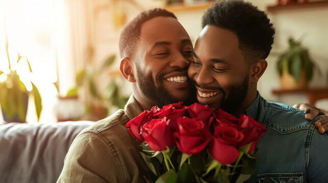 Happy African American gay couple hugging with bouquet flowers. Engagement celebration. Pride concept. Generative AI.