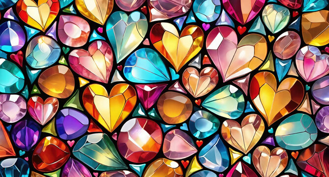 Colorful abstract stained glass mosaic window with background heart shaped pattern.Art vintage style decoration for interior design.Generative AI.
