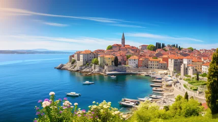 Poster Sunny spring cityscape of Piran port. © Anas