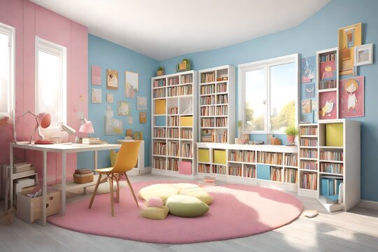 Picture of a girl, book covers, and design on the wall are my own images. 3D rendering of a children room