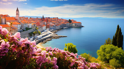 Sunny spring cityscape of Piran port. - obrazy, fototapety, plakaty