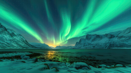 Vibrant and dynamic view of the Aurora Borealis in deep green swirling above the snow-capped mountains