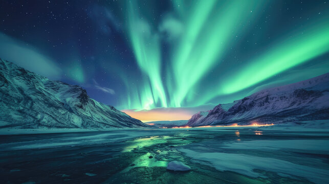 Vibrant and dynamic view of the Aurora Borealis in deep green swirling above the snow-capped mountains © boxstock production