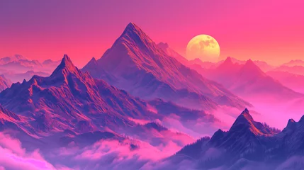 Poster Im Rahmen Retrowave mountain landscape with rising sun or moon. © vlntn
