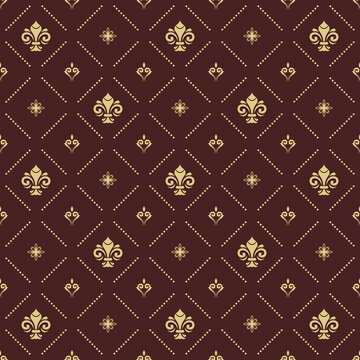 Seamless pattern. Modern geometric ornament with royal lilies. Classic brown and golden background