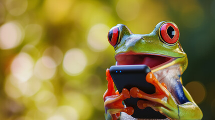 Surprised frog holding a smartphone with a comical expression.
