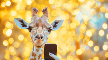 Surprised giraffe holding a smartphone with a comical expression. - obrazy, fototapety, plakaty