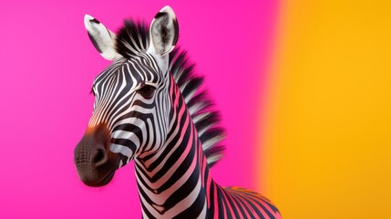 Fototapeta na wymiar Multi-colored zebra on a pink background