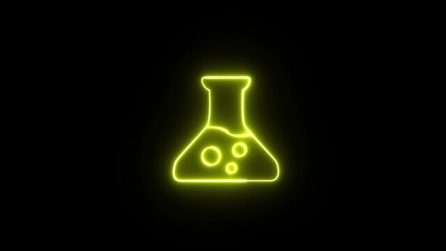 Neon Test tube and flask chemical laboratory test icon isolated on black background. Laboratory chemical beaker icon animation. Chemistry flask and falling drop. 4K Video motion graphic animation