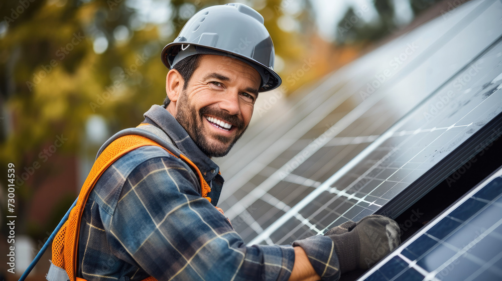 Aufkleber a happy electrician installing solar on roof at house. generative ai.